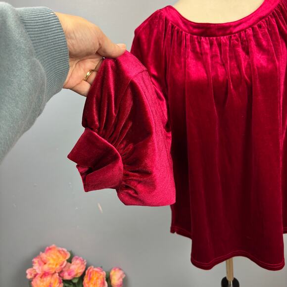 Umgee Red Velvet Blouson Long Sleeve Small Holiday Party Oversize Blouse Top - Picture 7 of 10